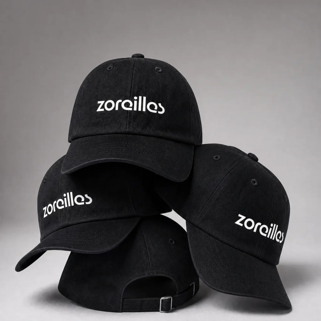 Stack of black Zoreilles caps with white wordmark