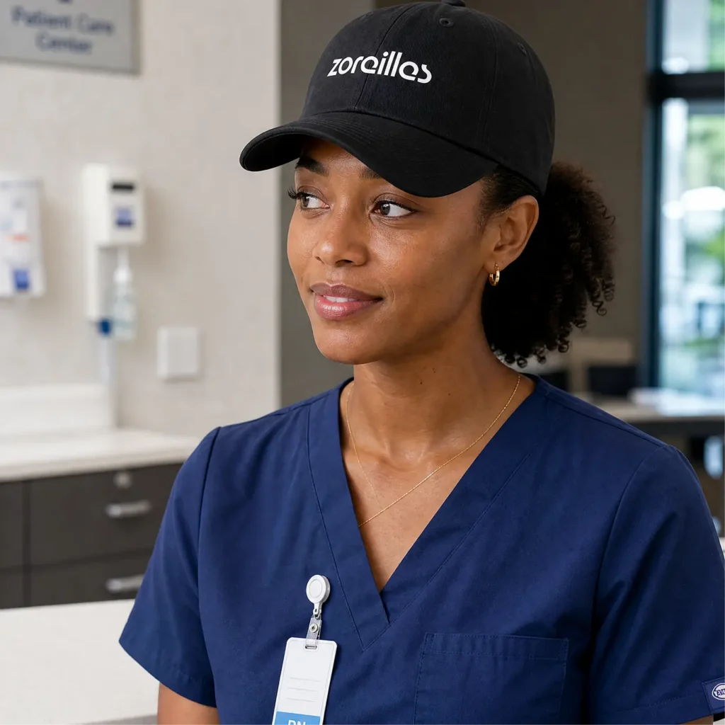 Woman wearing a black Zoreilles cap