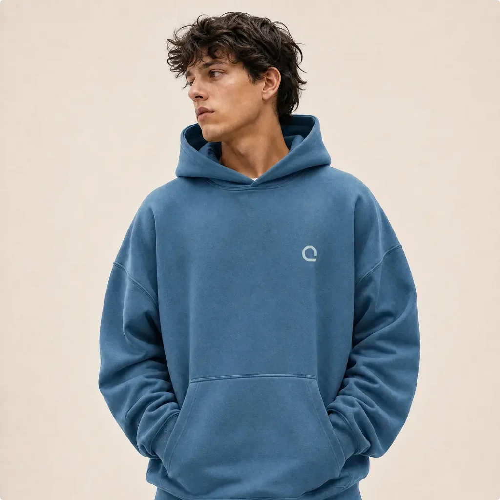 Model wearing blue Zoreilles hoodie with white isotope logo