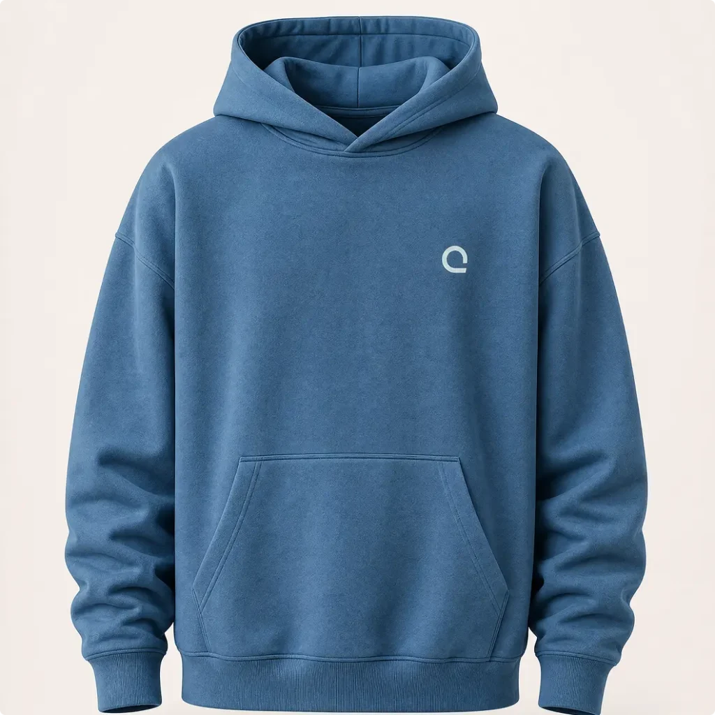Blue Zoreilles hoodie with white isotope logo on the chest